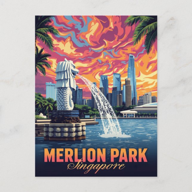 Merlion Park Singapore Skyline Sunset Postcard (Front)