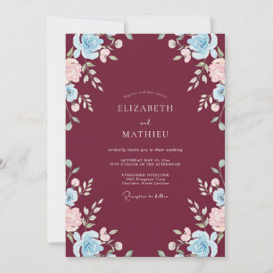 Merlot Azure Ranunculus Eucalyptus Wedding Invitation