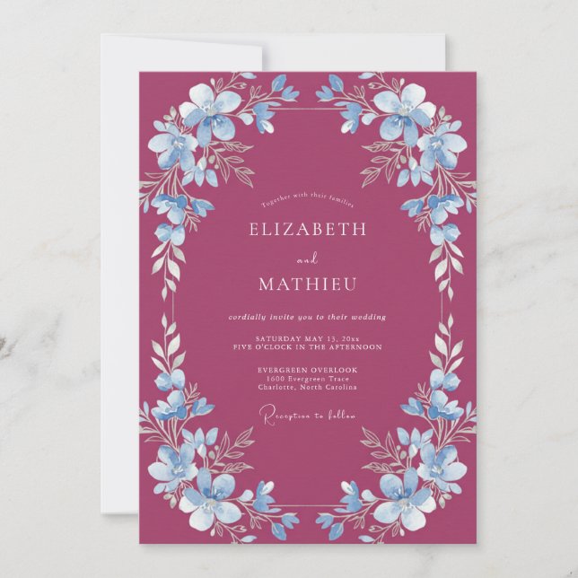 Merlot Azure Wildflower Wedding Invitation (Front)