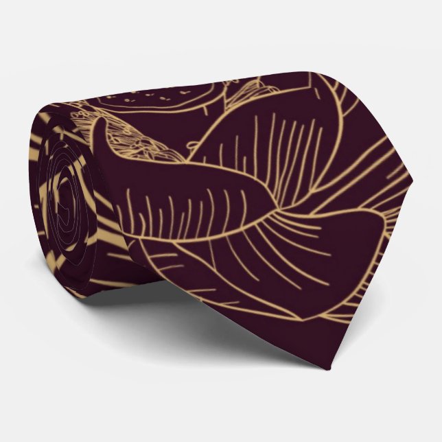 Merlot Bourdeau Wine Gold Floral Wedding Tie (Rolled)