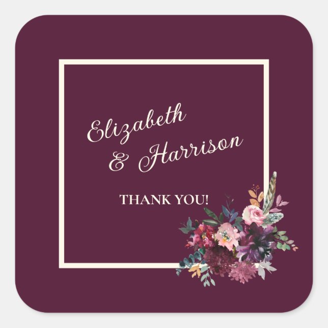 Merlot Burgundy Floral Framed Thank You Square Sticker (Front)