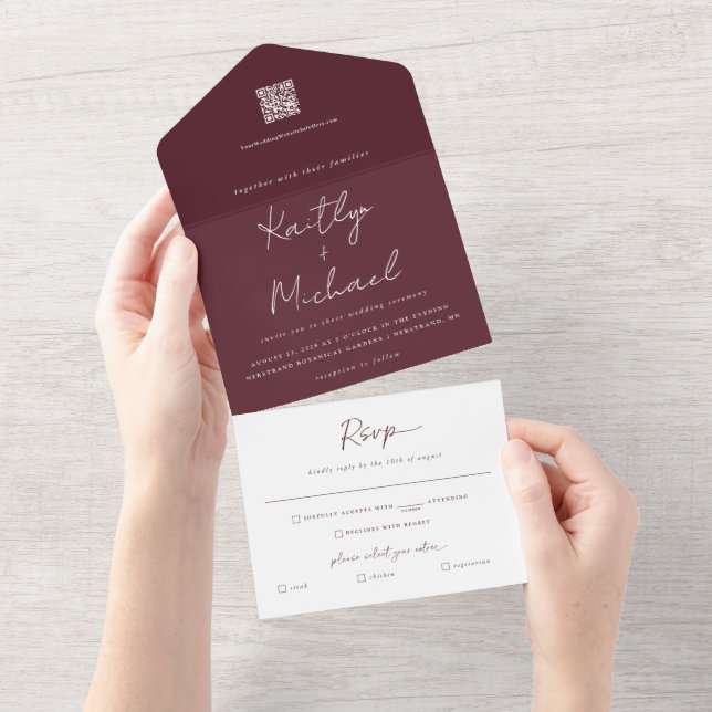 Merlot Burgundy Wedding Modern All in One Invitation (Tearaway)
