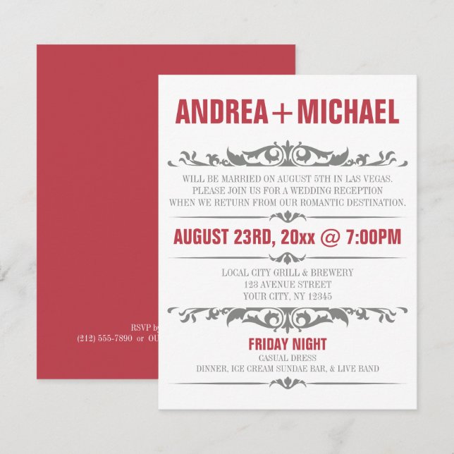 Merlot & Grey Wedding Reception ONLY Invitations (Front/Back)