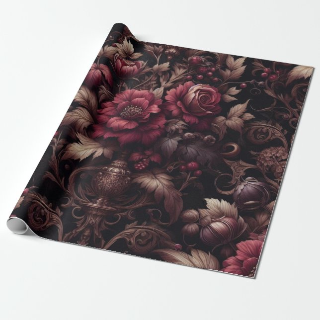 Merlot Mahogany Floral Gift Wrapping Paper (Unrolled)