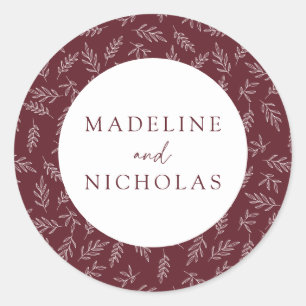Merlot Modern Minimalist Botanical Wedding Classic Round Sticker