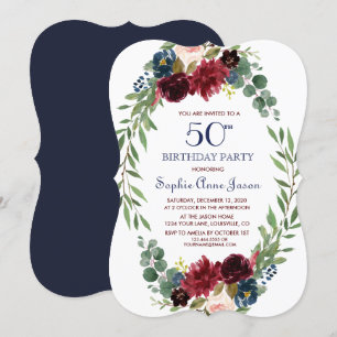 Merlot Navy Blue Floral Bloom 50th Birthday Invitation