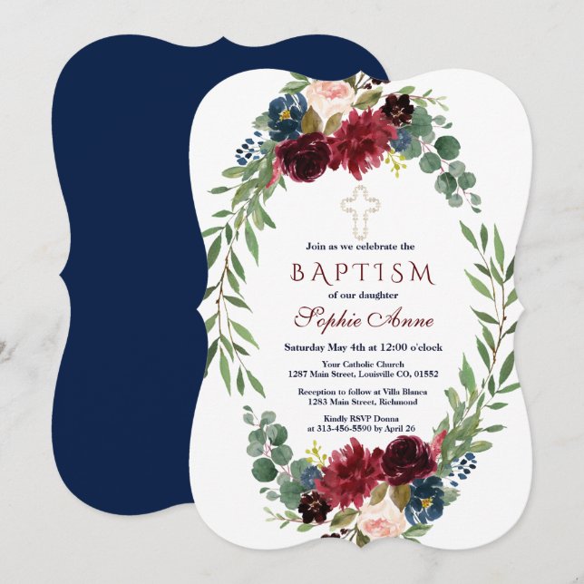 Merlot Navy Blue Floral Bloom Baptism Invite (Front/Back)
