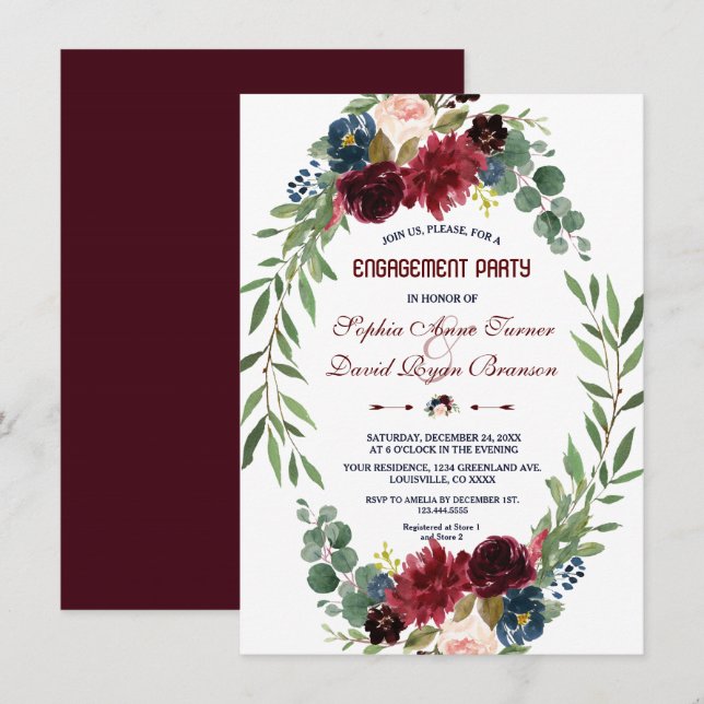 Merlot Navy Blue Floral Bloom Engagement Party Invitation (Front/Back)