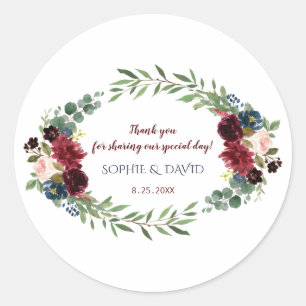 Merlot Navy Blue Floral Bloom Wedding Classic Round Sticker