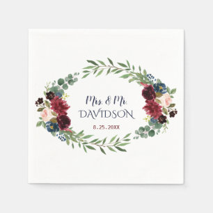 Merlot Navy Blue Floral Bloom Wedding Planner Napkin
