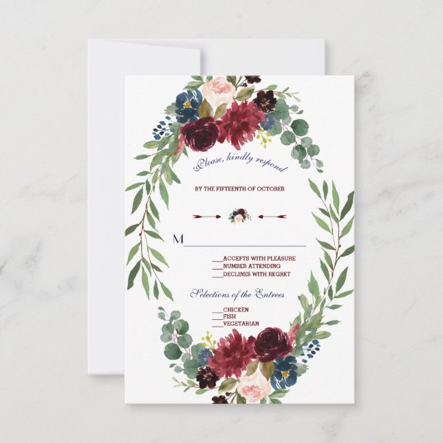 Merlot Navy Blue Floral Bloom Wedding RSVP (Front)