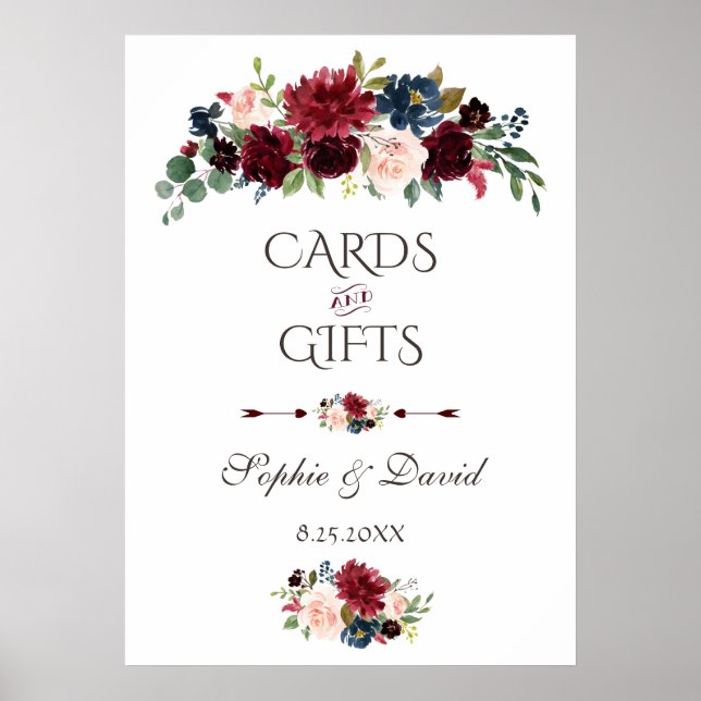 Merlot Navy Blue Floral Cards & Gifts Wedding Poster (Front)