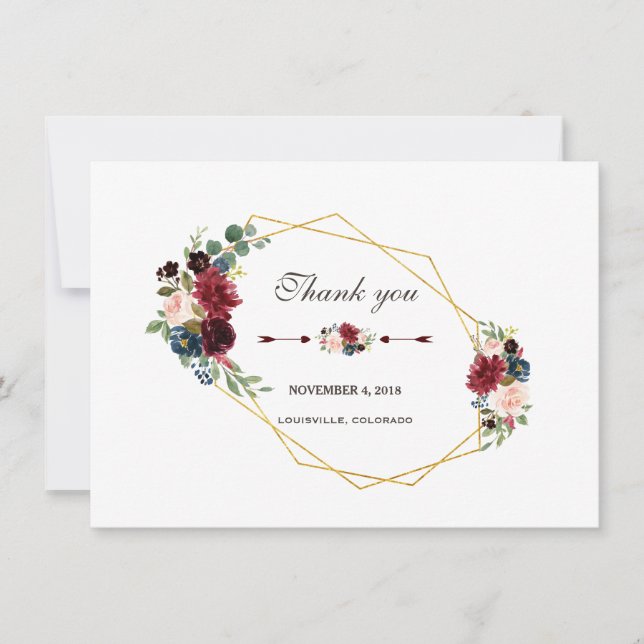 Merlot Navy Blue Floral Gold Frame Thank you Card (Front)