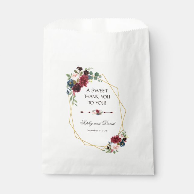 Merlot Navy Blue Floral Gold Frame THANK YOU Favour Bags (Front)