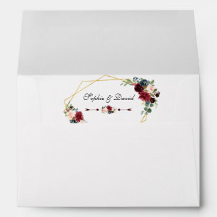 Merlot Navy Blue Floral Gold Frame Wedding Envelope