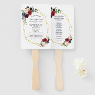 Merlot Navy Blue Floral Gold Frame Wedding Program Hand Fan