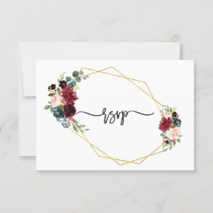 Merlot Navy Blue Floral Gold Frame Wedding RSVP Card