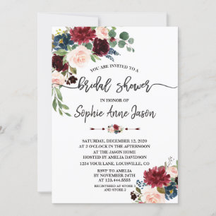 Merlot Navy Blue Floral Handwriting Bridal Shower Invitation
