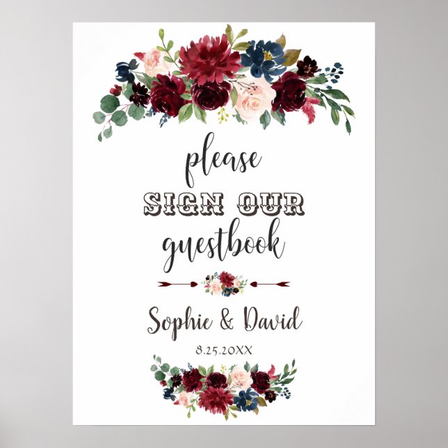 Merlot Navy Blue Floral Please Sign Our Guestbook (Front)