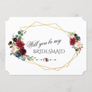 Merlot Navy Blue Floral Will You Be My Bridesmaid Invitation