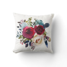 Merlot & Navy Watercolor Floral Throw Pillow