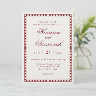 Merlot Red Harlequin Checkered Rehearsal Dinner Invitation