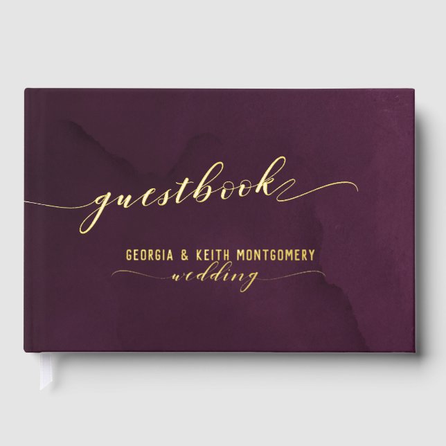 Merlot Watercolor Gold Script Elegant Wedding  Guest Book (Front)