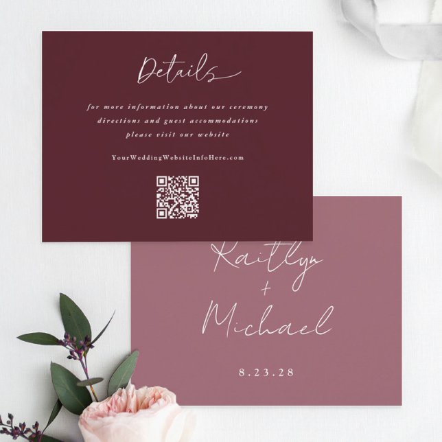 Merlot Wedding Modern Handwriting Details QR Code Enclosure Card (Creator Uploaded)