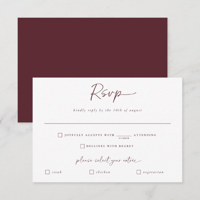Merlot Wedding Modern Handwriting Reply RSVP Card (Front/Back)