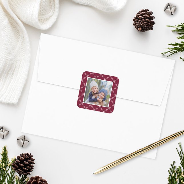 Merlot Wine Red Plaid Frame Holiday Photo Square Sticker (Creator Uploaded)