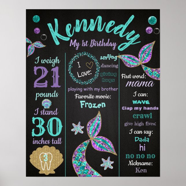 Mermaid 1st birthday chalkboard Poster, Milestone Poster (Front)