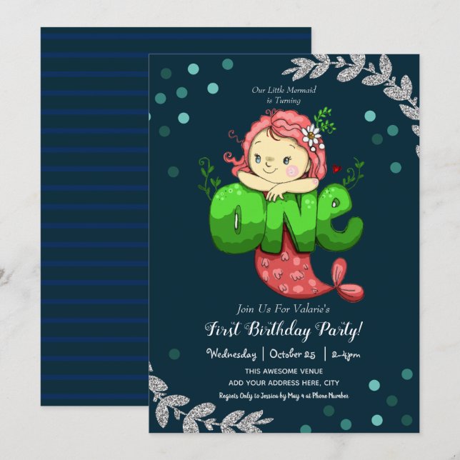Mermaid 1st Birthday Cute Pink Invitation (Front/Back)