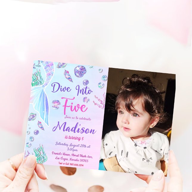 Mermaid 1st Birthday Dive The Five Party  Invitation (Creator Uploaded)
