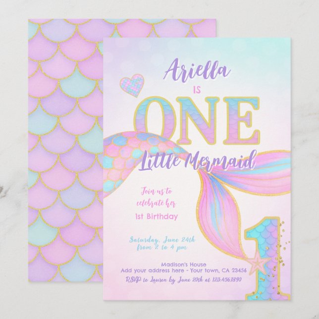 Mermaid 1st Birthday Invitation (Front/Back)