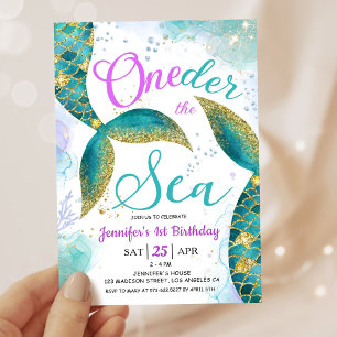 Mermaid 1st Birthday Invite Glitter ONEder the Sea