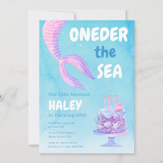 Mermaid 1st Birthday ONEder the sea Blue Budget Invitation (Front)
