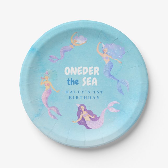 Mermaid 1st Birthday ONEder the sea Blue Budget Paper Plate (Front)