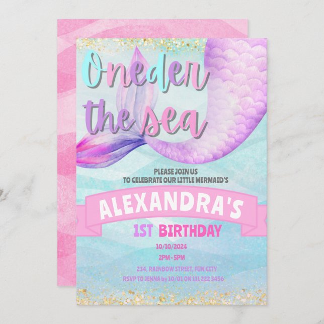 Mermaid 1st Birthday Oneder the Sea Invitation (Front/Back)