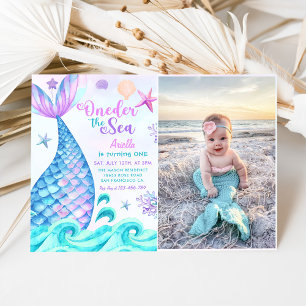 Mermaid 1st Birthday Oneder The Sea Party Photo Invitation