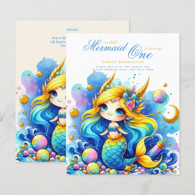 Mermaid 1st Birthday or EDIT AGE Teal Gold (Front/Back)