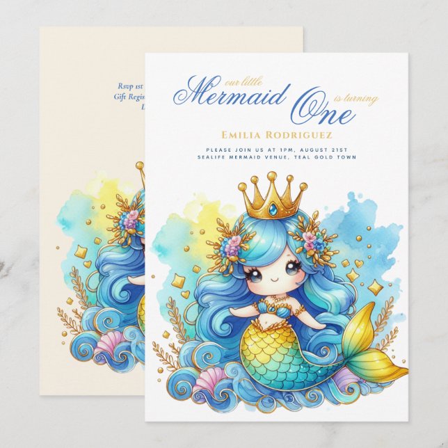 Mermaid 1st Birthday or EDIT AGE Teal GoldBeautifu Invitation (Front/Back)