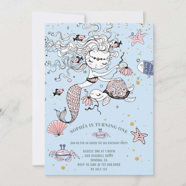 Mermaid 1st Birthday Party Blue Invitation (Front)