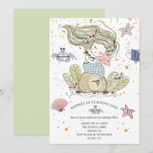 Mermaid 1st Birthday Party Green Invitation
