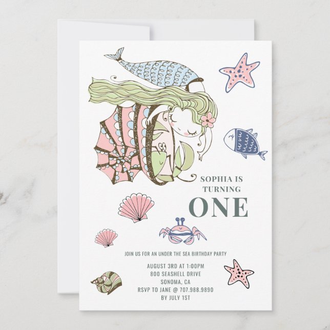 Mermaid 1st Birthday Party Invitation (Front)