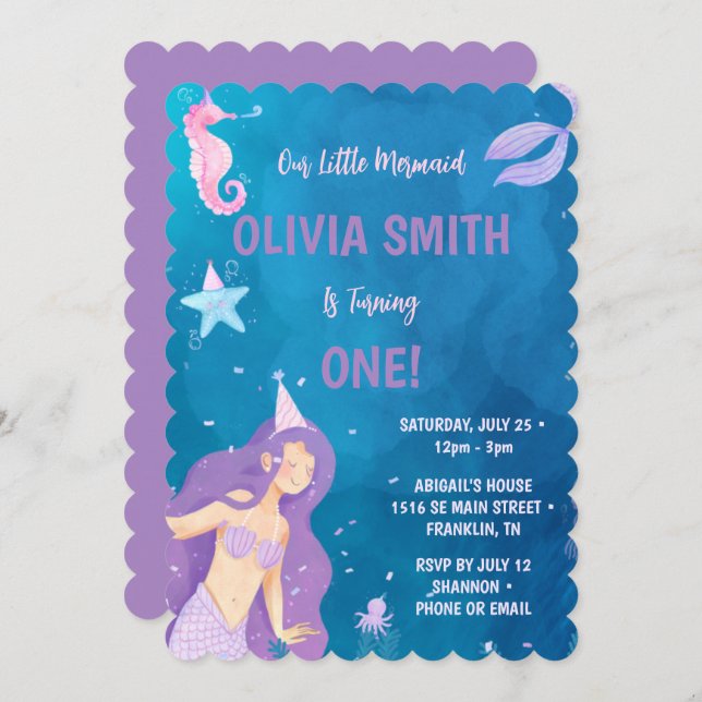 Mermaid 1st Birthday Party  Invitation (Front/Back)