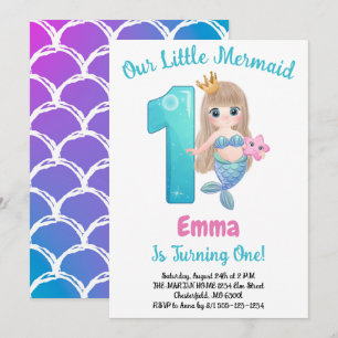 Mermaid 1st Birthday Party Invitation
