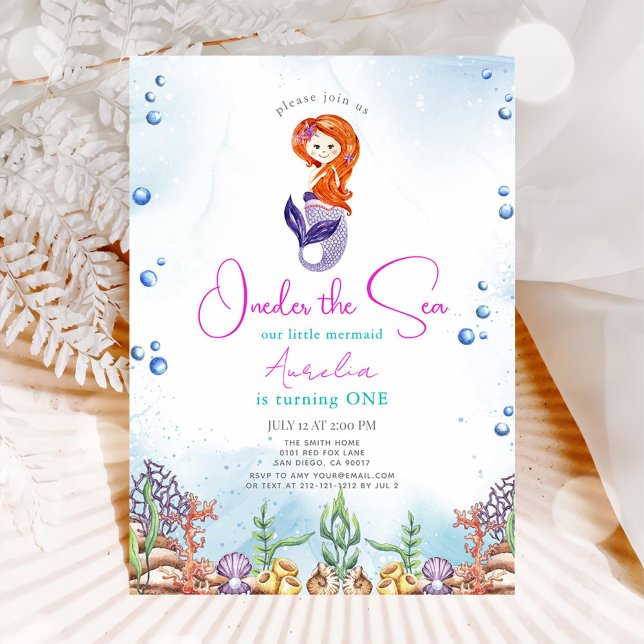 Mermaid 1st Birthday Party Oneder The Sea  Invitation (Creator Uploaded)