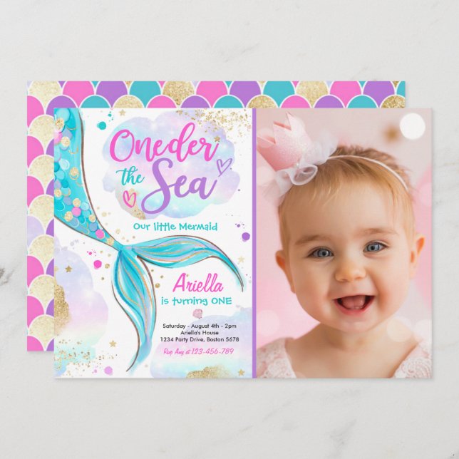 Mermaid 1st Birthday Party ONEder The Sea Mermaid Invitation (Front/Back)