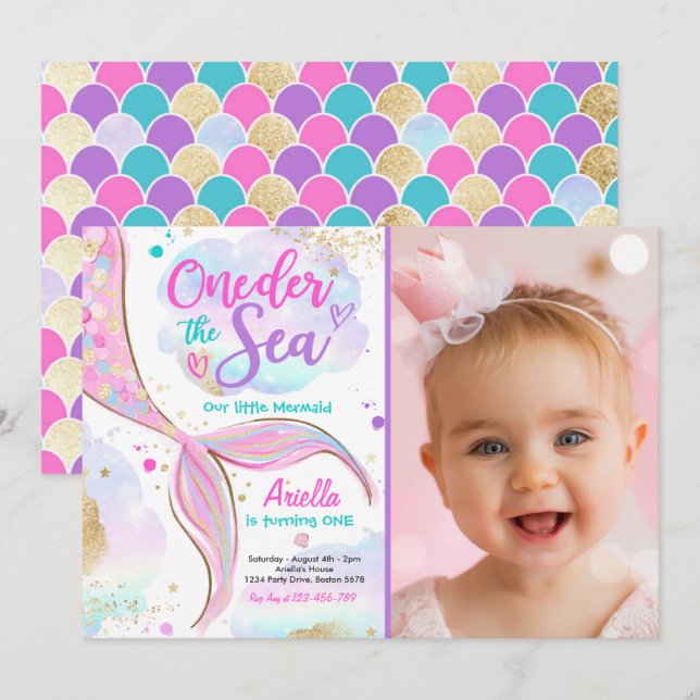 Mermaid 1st Birthday Party ONEder The Sea Mermaid Invitation (Front/Back)