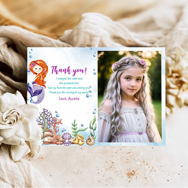 Mermaid 1st Birthday Party Oneder The Sea Photo Thank You Card (Creator Uploaded)